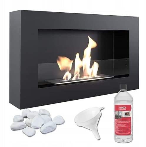 KRATKI Golf Flat Indoor Bioethanol Kamin + Kieselsteine + Trichter + Biobrennstoff 1L Biocontainer zur Wandmontage 0,4l TÜV geprüfter pulverbeschichteter Stahl mit Verglasung 37 x 64 cm