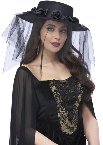 Smiffys Gothic Black Widow Funeral Hat with Roses & Veil, Halloween Fancy Dress Accessory, Black Widow Dress Up Hats