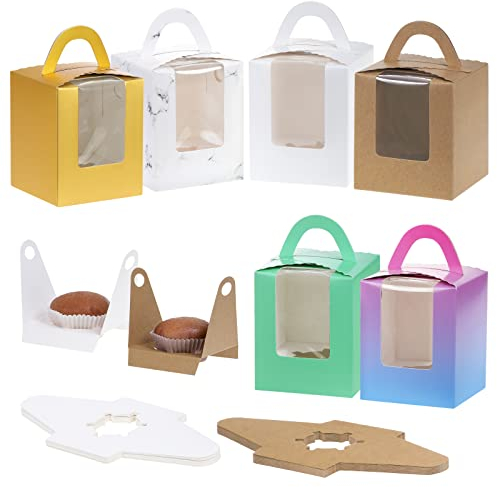 Coolty 30 Stück Cupcake Boxen 1 Löcher Karton Verpackung Boxen Bäckerei Gebäck Boxen mit Handgriff, Fenster und Einsätze für Cookies Muffins Cupcakes Desserts Torten (Mehrfarbig)