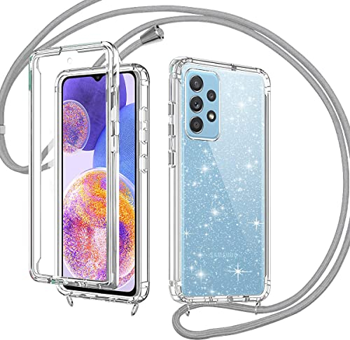 Rosyhulle Glitzer Handykette für Samsung Galaxy A23 5G Hülle, Handyhülle mit Band für Samsung A23 mit Eingebautem Displayschutz, 360 Grad Transparent Silikon Stoßfest Schutzhülle mit Kordel Grau