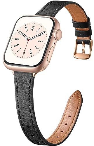 CeMiKa Cinturini Sottili Pelle Compatibile con Cinturino Apple Watch 38mm 40mm 41mm, Cinturino Ricambio Vera Pelle Sottile per Apple Watch SE/iWatch Series 10 9 8 7 6 5 4 3, Donne Uomini, Nero