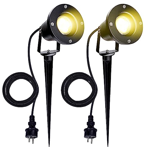 Gimisgu LED Gartenbeleuchtung mit Erdspieß, 2 Stück 4W GU10 Aluminium Gartenleuchte mit Stecker, IP65 Wasserdichter Warmweiß 3000K LED Strahler für Außen Garten Rasen Baum Wiese