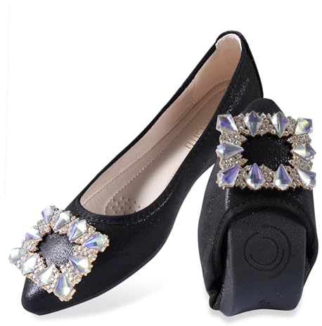MACHSWON Women's Ballet Flats Sparkly Buckle Rhinestone Wedding Ballerina Shoes Foldable Portable Comfort Slip on Flat Walking Shoes(Black-1, Size 5.5)