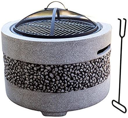 Feuerstelle, Feuerstelle für den Außenbereich und Grill, runde Form, Einfassung aus MgO-Kunststein für Außenterrassen, Lavasteine, groß, 3 in 1