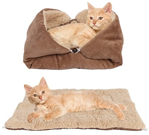 Lollanda Katzenbett Matte, 3 in 1 Katzenkissen, 70 x 50cm Waschbar Katzenbett Flauschig, Warme Hundematten für Kleine Hunde, Beideseitig Hundematte (70X50CM, Braun)