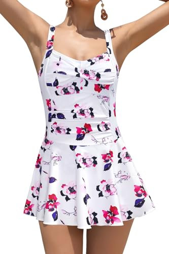 SHEKINI Costume da Bagno Intero da Donna, in Stile retrò, Regolabile, per Il Controllo della Pancia, Costume da Bagno da Bagno da Donna, Stampa Rosa Bianca, M