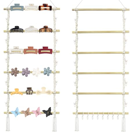 Rionaty Makramee-Organizer mit Haken, hängende Haarspangenhalter und Aufbewahrung für Frauen, Mädchen, Wand, Tür, Schrank