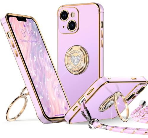 XYZ für iPhone 13 Hülle mit Band, Herz Doppelring Ständer HandyHülle Handykette Frauen Mädchen Dünn Stoßfeste Anti-Kratzt SchutzHülle für iPhone 13 Case, Lila