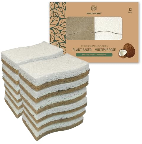 12PCS Natural Kitchen Sponges - Biodegradable Non-Scratch Cellulose and Coconut Fiber Sponge - Sustainable and Durable Sponges for All Surfaces - Pack of 12 EcoFriendly Sponge for Dishes