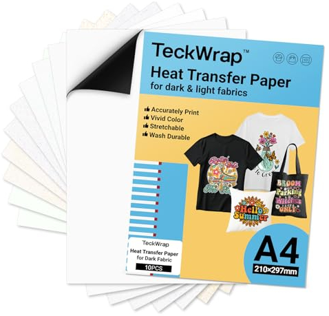 TECKWRAP Inkjet Heat Transfer Paper A4 x 10 Sheets for Dark or Light Fabric Iron On T Shirt Transfer Paper A4 Printable Transfer Paper(White,Green Glitter,Blue Glitter,Gold Glitter,Glow in Dark)