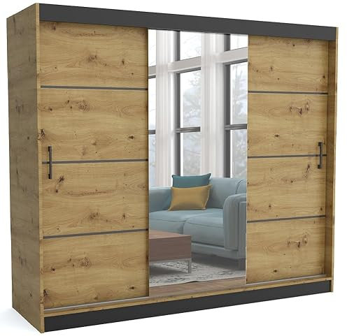 Brent - Kleiderschrank mit Spiegel 240cm Breit Windsor Tomy I Schlafzimmerschrank mit 2 Kleiderstänger und Einlegeböden für Kleidung I Kleiderschrank Artisan Eiche