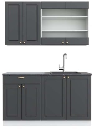 Vicco Singleküche Fame-Line, Anthrazit-Gold/Weiß, 140 cm | 4 Module · Höhenverstellbare Füße · AP Anthrazit inkl. · MDF-Fronten · Softclose · Metallgriffe
