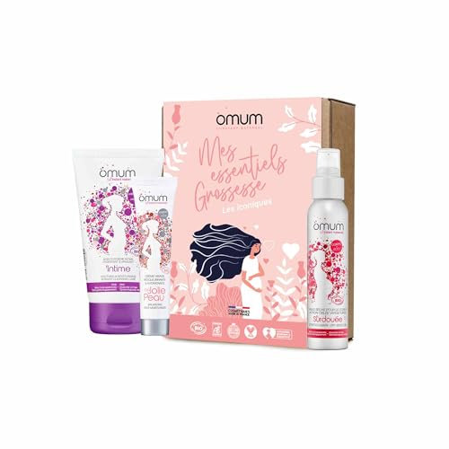 OMUM - Coffret Cadeau Mes Essentiels Grossesse 3 soins bios : 1 Huile vergetures + 1 Crème visage + 1 Gel Intime + 1 Guide maman offert - Naturel,France,Vegan,Compatible grossesse et allaitement