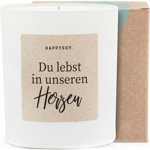 Du lebst in unseren Herzen - Duftkerze mit Spruch als Trostgeschenk, liebevolle Erinnerung, Trauerkerze im Glas, blumiger Duft, besondere Aufmerksamkeit