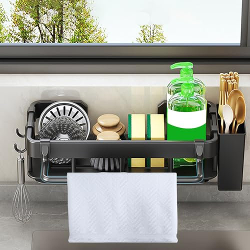 YBCCBY Porte Eponge Evier Cuisine Rangement Evier Cuisine avec Porte-Serviettes Support Eponge evier Cuisine Organisateur Evier Cuisine Mural avec Bac de Vidange Rangement pour Eponge Cuisine