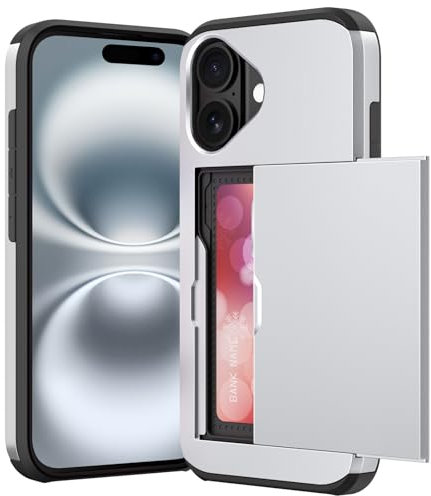 ACOCOBUY Compatible with iPhone 16 Case with Card Holder Shockproof Protective Dual Layer Hidden Credit Card Slot Heavy Duty Wallet Phone Cover Armor Rubber Bumper Shell 6.1 inch for Men Women Silver