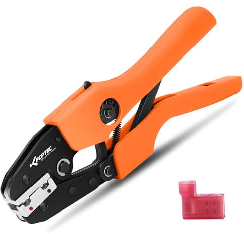 KF CPTEC Crimpzange für isolierte Kabelschuhe Flachstecker 90° gewinkelt 20–18 und 16–14 AWG, Kabelschuhzange mit Ratschenfunktion