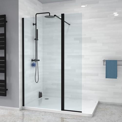 Nes Home Black 800mm Shower 8mm Tempered Glass Screen with 30omm Flipper Panel