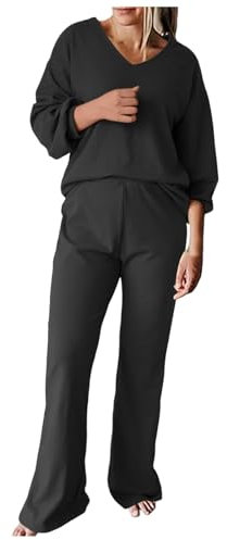 Cache-col en V décontracté pour femme, taille élastique, couleur unie, haut à manches longues et pantalon, combinaison élégante à ourlet ouvert, coupe ample, légère, Noir , L