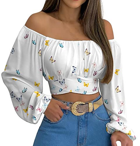 JTLB Elegante camicetta con spalle scoperte, top increspato con maniche a lanterna per donna, per tempo libero, spiaggia, vacanze, all'aperto, con tacchi alti o stivali (XL)