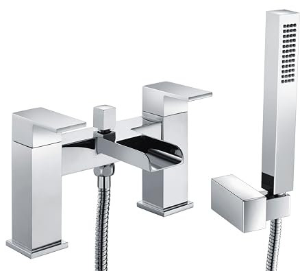 Balterley Bath Mixer Tap with Shower Kit, Dual Lever Square Bath Filler Tap, Rectangular Head Showers for Bathrooms, Bathroom Taps with Shower Head and Hose Set - 230 x 144 x 150mm (Chrome)
