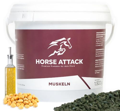 Horse-Attack Premium Muskelfutter für Pferde | Hohe Bioverfügbarkeit | Getreide- und Melassefrei | 1,5kg Pellets mit Spirulina für den Muskelaufbau
