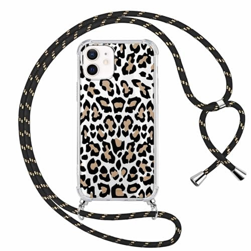 ZhuoFan Handyband für iPhone 12 Pro/ 12 Hülle mit Band 6,1, Aesthetic Muster Design Leopard Schutzhülle PC Transparent Necklace Handyhülle für zum Umhängen Verstellbare Ultra Stoßfest, 16