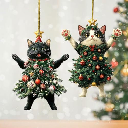 Black Cat Acrylic Christmas Ornament, Black Cat Tree Hanging Xmas Decor, Adorable Cat Dressed as a Christmas Tree, Black of Friday 2D Cat Acrylic Hanging Decoration, Funny Cat Gifts for Cat Lovers