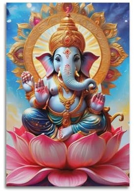 Buddhistisches Poster mit einem freundlichen Bild von Ganesha, der auf einem Lotus-Thron sitzt, Marvel-Poster, dekoratives Gemälde, Leinwand, Wandposter für Schlafzimmer, Dekoration und Kunstdruck,