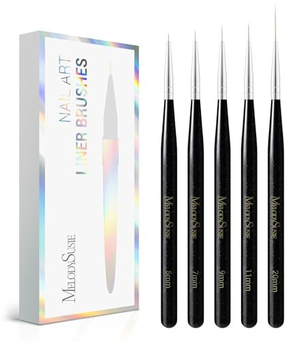 MelodySusie Nail Art Liner Brushes 5Pcs Professional Gel Polish Painting Art Design Pen Set for Thin Long Lines, Tiny Details, Fine Drawing, Delicate Coloring Sizes 5/7/9/11/20mm, Black