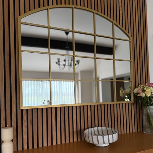Jobu | Arched Mirror with Metal Window Frame Style in Gold – 95cm x 120cm for Bedroom, Hallway or Living Room | Tomi