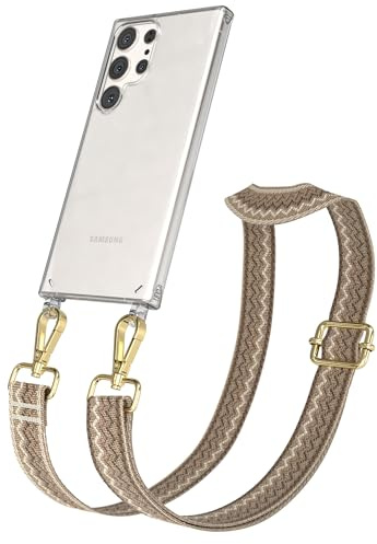 EAZY CASE Handykette - Verstellbares Taschenband kompatibel mit Galaxy S23 Ultra, Schulterriemen, Handykordel mit Silikon Hülle, Umhängetasche, Hell Braun Braun Gold