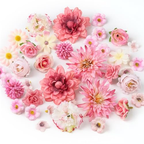 36 PCS Fleurs Artificielles Decorations, 4-8cm Petites Fausses Têtes de Feurs Roses en Tissu, Mini Fausse Fleur pour DIY Bricolage Scrapbooking Mariage Gâteau Fête à Domicile Artisanat