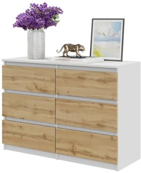 Furnica Kommode 100cm Sideboard mit 6 Schubladen - 100x71x33cm (Weiß Matt/Wotan Eiche)