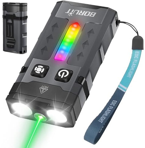 BORUIT EV20L Mini Torch with Green Beam, 1100 Lumen Rechargeable EDC Pocket Flashlight, Flowing Side Lamp with Clip, IP66 Waterproof, Magnetic Tail, for Camping, Repairing, Dogwalking, Emergency