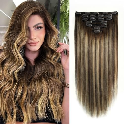 WOWANGEL Clip in Extensions Echthaar, 7 Stück 100% Echthaar Haarverlängerungen mit 19 Clips, Salonqualität Weiches Glattes Haar, Leicht & Natürlich, Ideal für Volumen & Länger, #T4/27P4