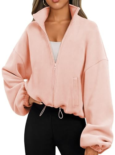 Famulily Ladies Cropped Sweatshirt with Drawstring Long Sleeve Mock Neck Jackets Cozy Streetwear Y2K Sherpa Sweater Tops Pink L
