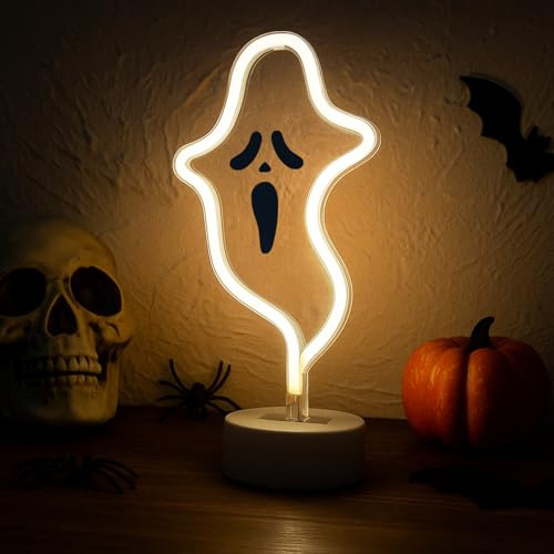 Kaezuy Halloween Geister Neonlicht mit Basis, Batterie/USB Betrieben Halloween Neonlampe in Geisterform mit Sockel, Leuchtende Geister Deko für Party Schlafzimmer (Geist)