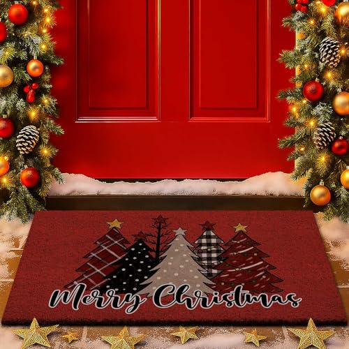 Lanpn Christmas Welcome Natural Coir Door Mat, Forest Christmas Tree Coco Front Door Outdoor Doormat Outside Entrance Porch Non Slip Rubber Rug Winter Xmas Farmhouse Decor (Red, 42x75cm)