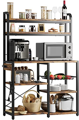 Garvee Estantería de Panadería con Toma Corriente,Muebles de Cocina,Estantes Abiertos y Cesta de Alambre,para Cocina y Comedor, 90 * 40 * 150 cm(Marrón)