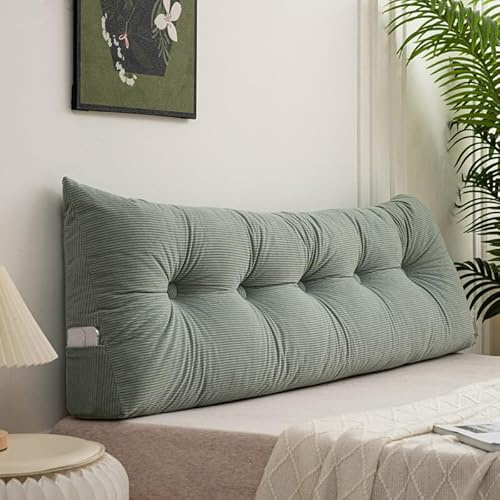 Generisch Rückenkissen Bett 180 cm Cord, Leseknochen Erwachsene Waschbar, Kopfteil Keilkissen Für Sofa, Mit Abnehmbarem Bezug Und Seitenfach, Dreieckiges Wandkissen Lendenkissen,Grün,40x180cm
