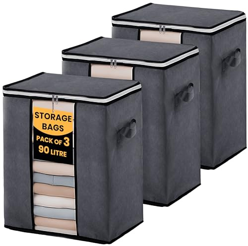 LKH Clothes Storage Bags 90L - Pack of 3 Foldable Fabric Clothes Storage Boxes - Non-Woven, Breathable & Dust-Resistant Storage Organiser with Handles & Zipper for Bedding & Wardrobe (50 x 36 x 50 cm)