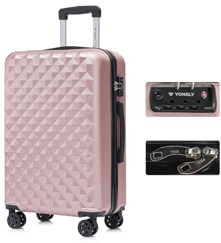 YONSLY Premium Reisekoffer TSA-Schloss,YKK-Reißverschluss Hartschalen-Koffer Trolley Kabinenkoffer Rollkoffer Suitcase Handgepäck 4 Rollen (Roségold, L)