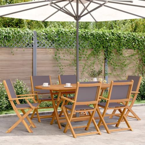 Mandloder 7-TLG. Garten-Essgruppe aus Stoff und massivem Akazienholz, Anthrazit, klappbar, für Terrasse, Balkon und Outdoor-Bereich