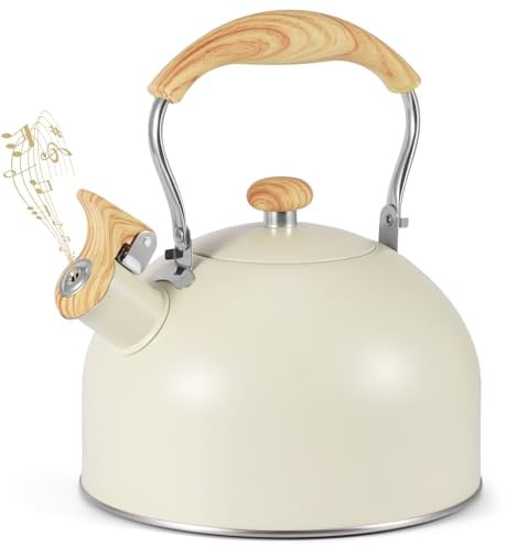 Kinberry Stove Top Kettle, 2.5L Stainless Steel Whistling Kettle with Loud Whistle, Induction Kettle with Heat Resistant Wood Effect Handle, for Gas Stove or Induction Hob(Cream)