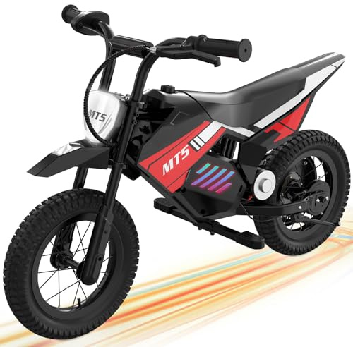 MT5 Electric Motorcycle for Kids, 12-Inch Tires, 5.2Ah Battery with Up to 15 km Range, Colorful Lights, Drum Brake and LED Lighting