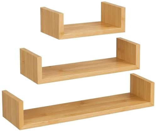 Begryf Wandregal Set 3er Bambusoptik – schwebende Wandregale 60x15x10 cm, 45x15x10 cm, 30x15x10 cm, U Form Regal aus MDF, Wandboard für Wohnzimmer Küche Flur Bad, Deko Ablage