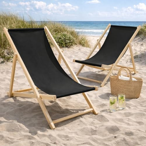 HAGO24 Strandliege Schwarz 4er Set Sonnenliege Gartenliege Liegestuhl Klappstuhl Holz Kiefernholz Polyester 3fach verstellbar faltbar Balkon Terrasse 120kg