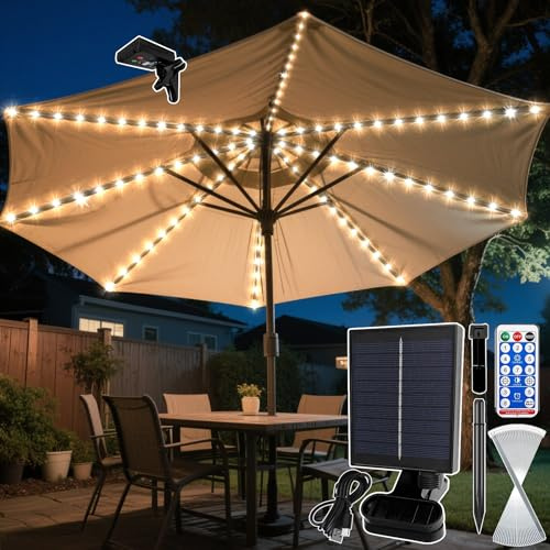 VEEKAY Luci Solari per Ombrellone,Llluminazione Solare per Ombrellone,104 LED Luci per Ombrelloni da Esterno,Telecomando,IP67 Impermeabile Catena di luci,8 Modalità di Luminosità,per Esterni,Patio