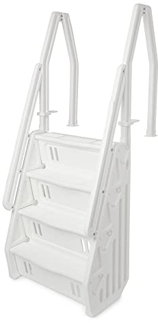 Vinyl Works Deluxe Versatile Adjustable 32 Inch in-Pool Step Ladder Entry System with Double Handrail for above Ground Swimming Pools, White